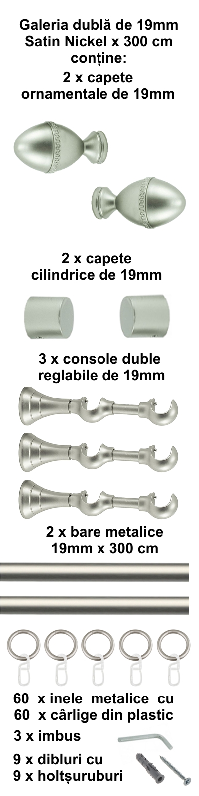 Galerie metalica Cezar dubla 19 mm, satin nichel (argintiu mat) - imagine 6