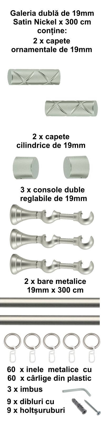 Galerie metalica Ciel dubla 19 mm, satin nichel (argintiu mat) - imagine 6