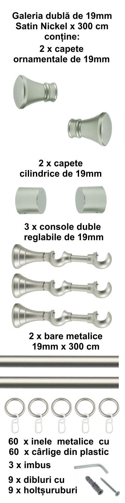 Galerie metalica Conic dubla 19 mm, satin nichel (argintiu mat) - imagine 6