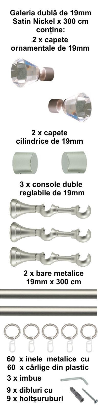 Galerie metalica Cristal dubla 19 mm, satin nichel (argintiu mat) - imagine 6