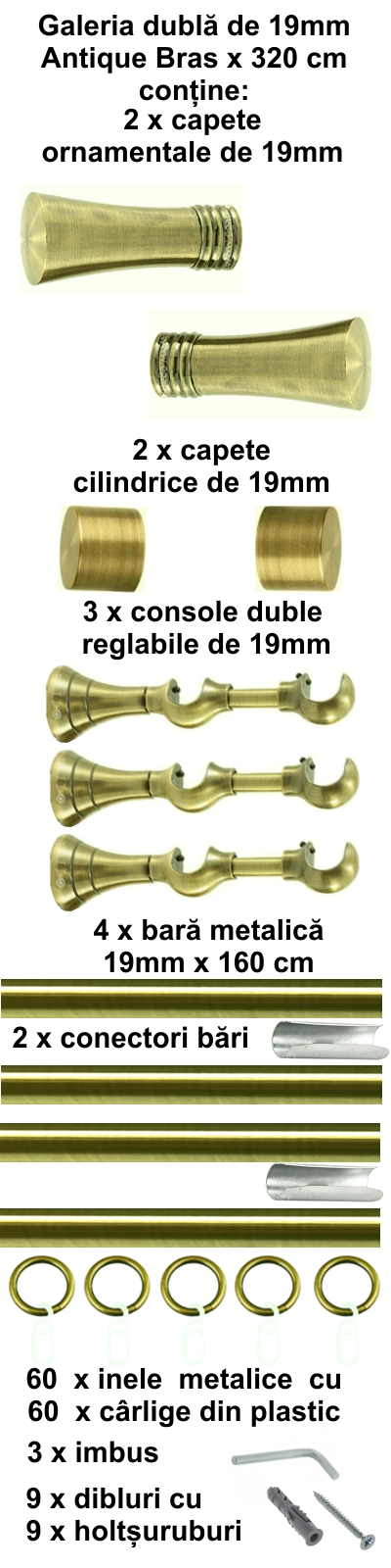 Galerie metalica Ahile dubla 19 mm, antique brass (auriu antic) - imagine 6