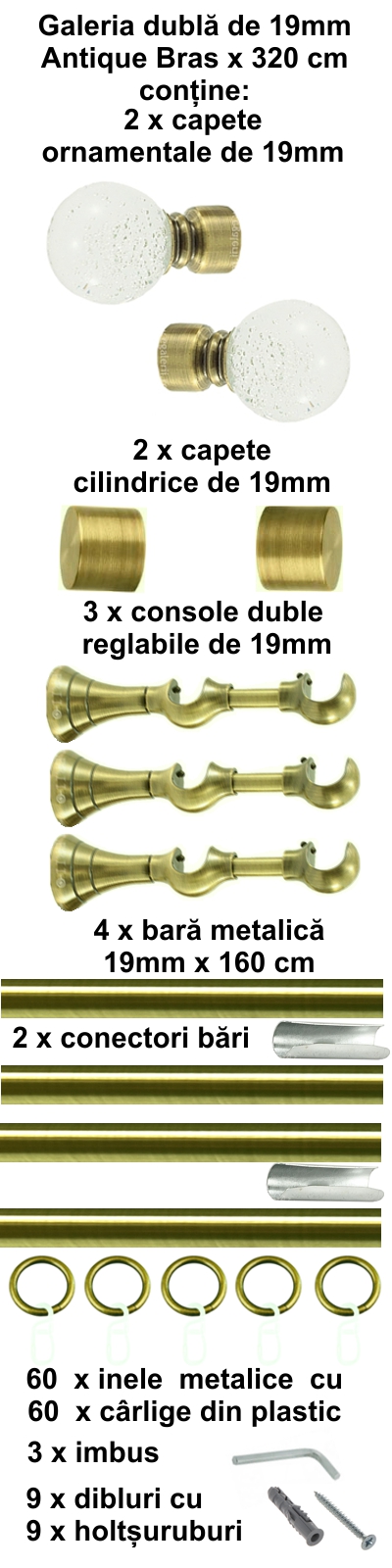 Galerie metalica Buble dubla 19 mm, antique brass (auriu antic) - imagine 6