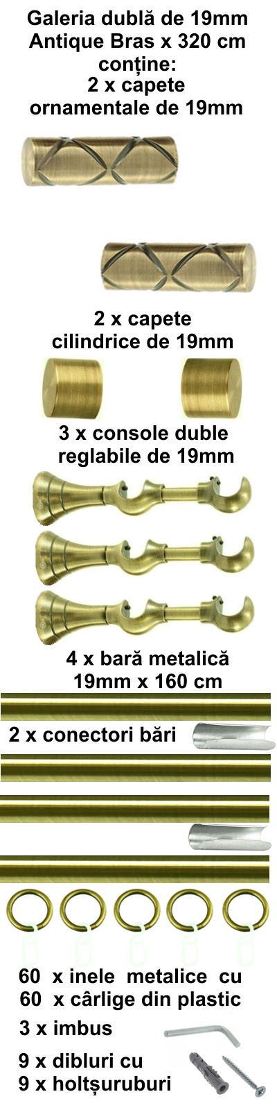 Galerie metalica Ciel dubla 19 mm, antique brass (auriu antic) - imagine 6