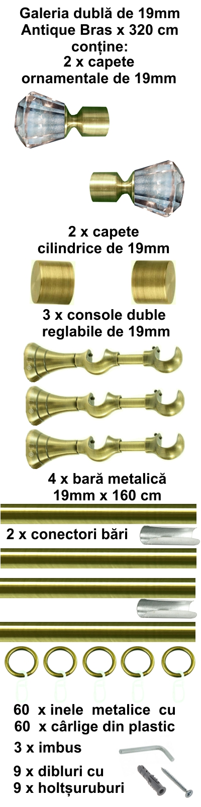 Galerie metalica Cristal dubla 19 mm, antique brass (auriu antic) - imagine 6