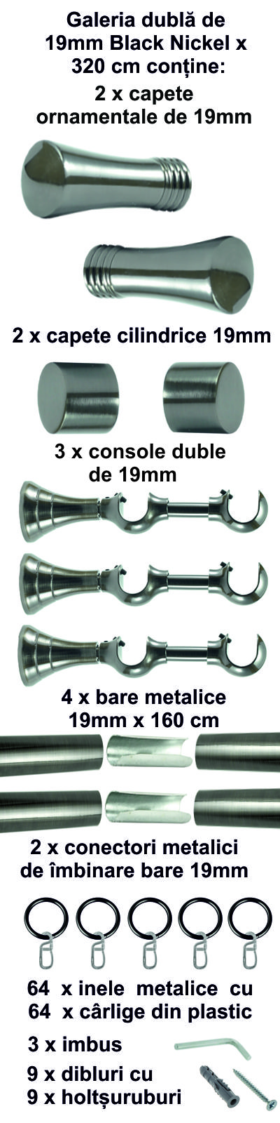 Galerie metalica Ahile dubla 19 mm, Black Nickel - imagine 6