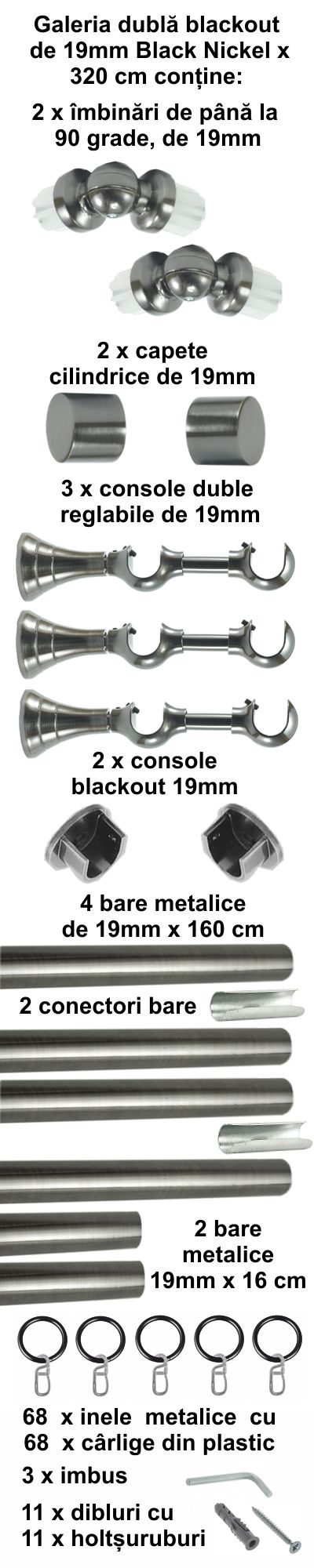 Galerie metalica Blackout dubla 19 mm, Black Nickel - imagine 7