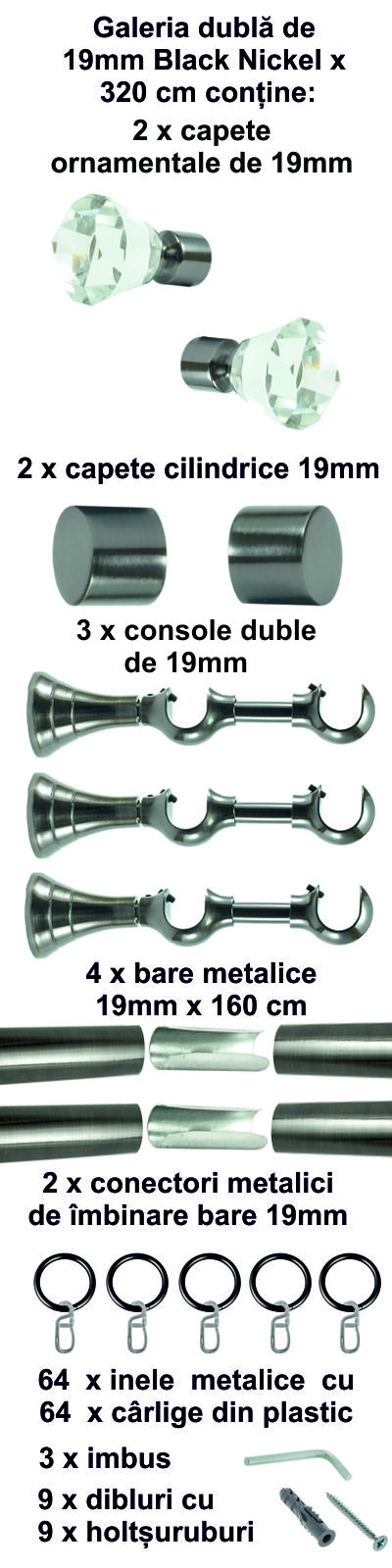 Galerie metalica Cristal dubla 19 mm, Black Nickel - imagine 7