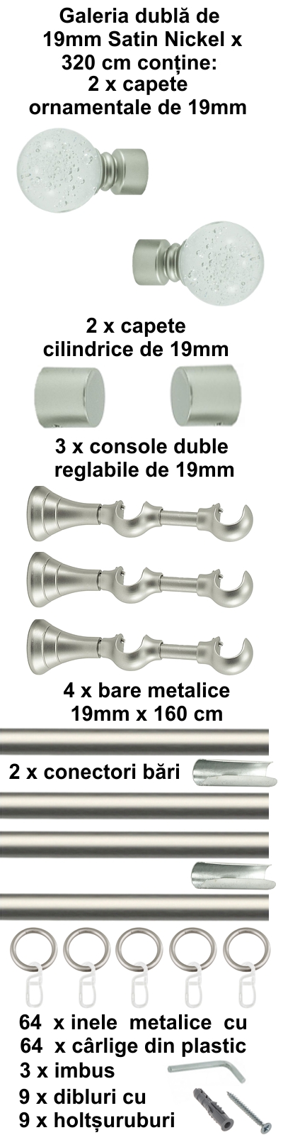 Galerie metalica Buble dubla 19 mm, satin nichel (argintiu mat) - imagine 7