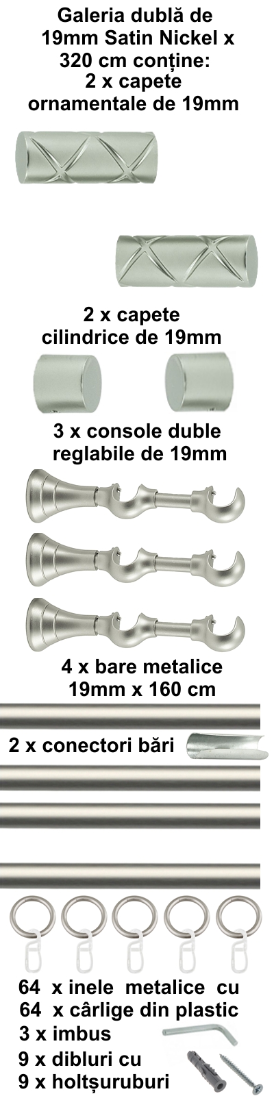 Galerie metalica Ciel dubla 19 mm, satin nichel (argintiu mat) - imagine 7