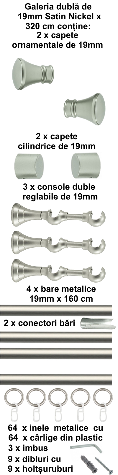 Galerie metalica Conic dubla 19 mm, satin nichel (argintiu mat) - imagine 7