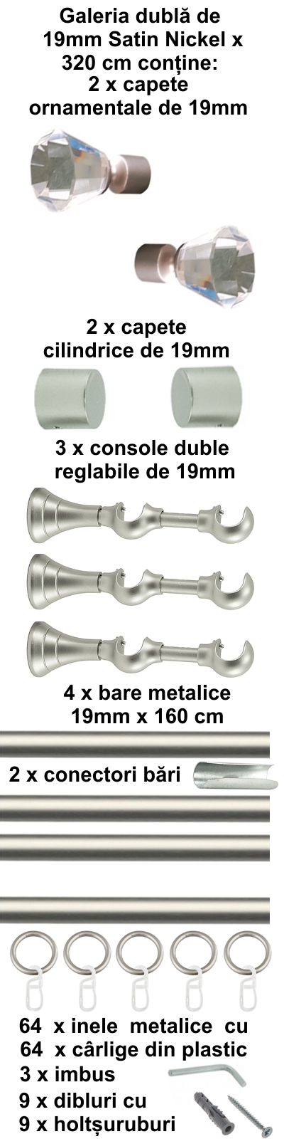 Galerie metalica Cristal dubla 19 mm, satin nichel (argintiu mat) - imagine 7