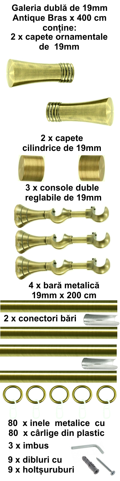 Galerie metalica Ahile dubla 19 mm, antique brass (auriu antic) - imagine 8