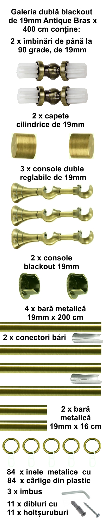 Galerie metalica Blackout dubla 19 mm, antique brass (auriu antic) - imagine 7