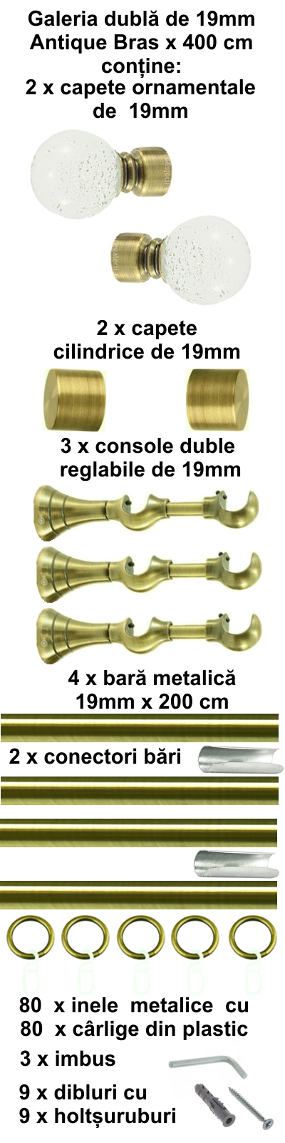 Galerie metalica Buble dubla 19 mm, antique brass (auriu antic) - imagine 8