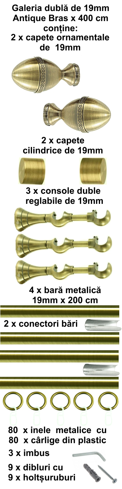 Galerie metalica Cezar dubla 19 mm, antique brass (auriu antic) - imagine 8