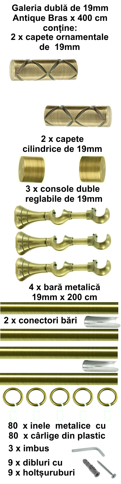 Galerie metalica Ciel dubla 19 mm, antique brass (auriu antic) - imagine 8
