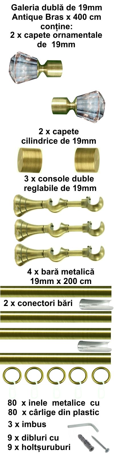 Galerie metalica Cristal dubla 19 mm, antique brass (auriu antic) - imagine 8