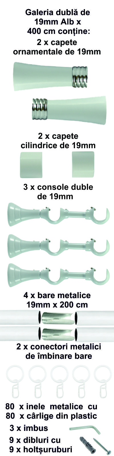 Galerie metalica Ahile dubla 19 mm, Alb - imagine 8