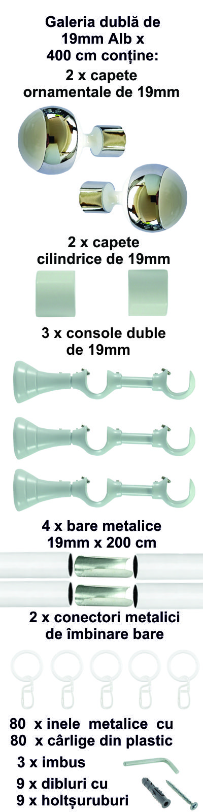 Galerie metalica Mirror dubla 19 mm, Alb - imagine 8