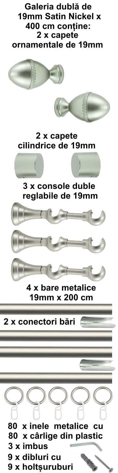 Galerie metalica Buble dubla 19 mm, satin nichel (argintiu mat) - imagine 8