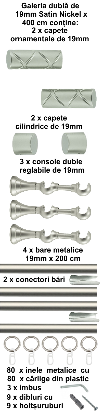Galerie metalica Ciel dubla 19 mm, satin nichel (argintiu mat) - imagine 8