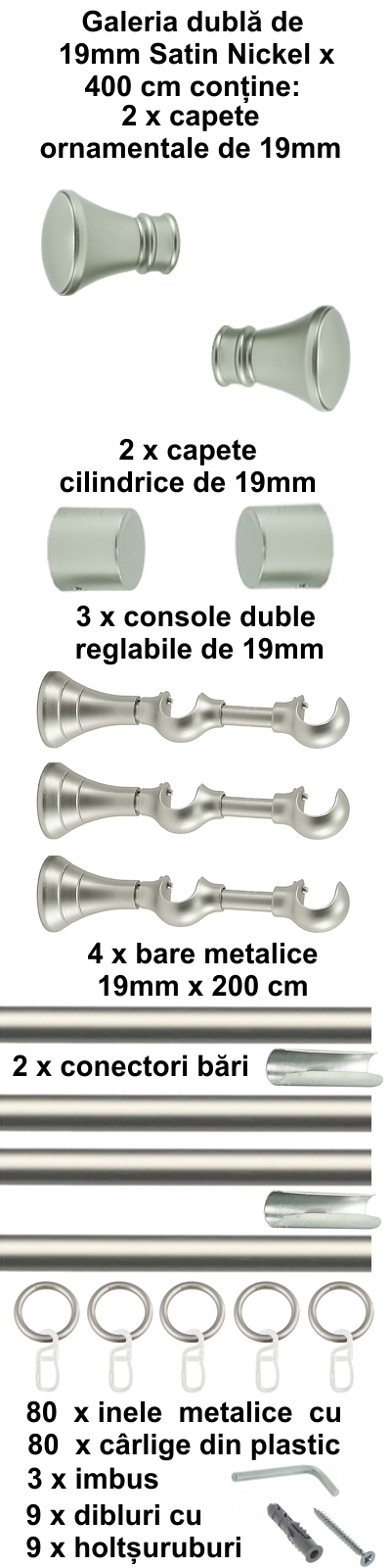 Galerie metalica Conic dubla 19 mm, satin nichel (argintiu mat) - imagine 8