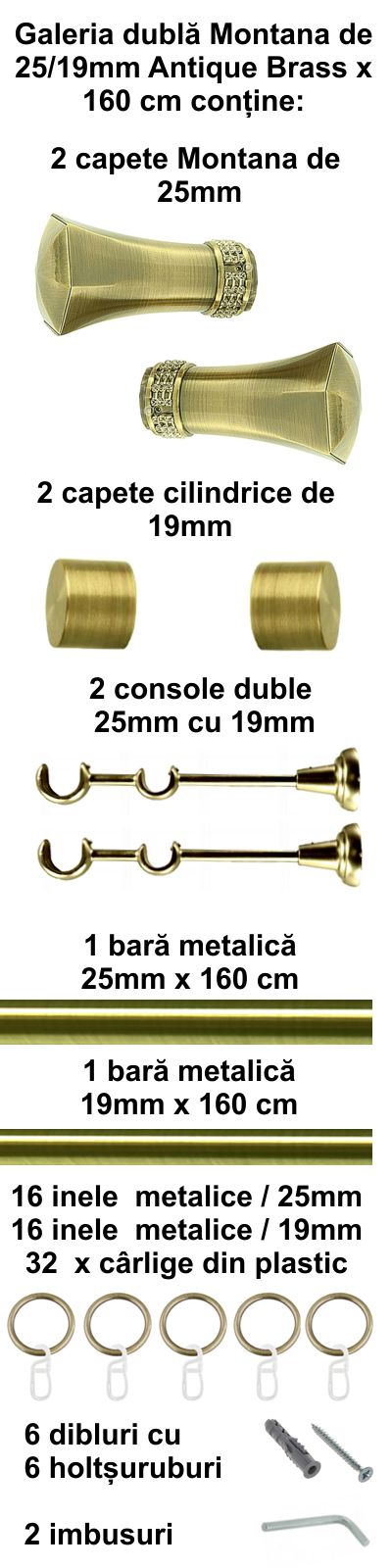 Galerie metalica Montana dubla 25 mm, antique brass (auriu antic) - imagine 2