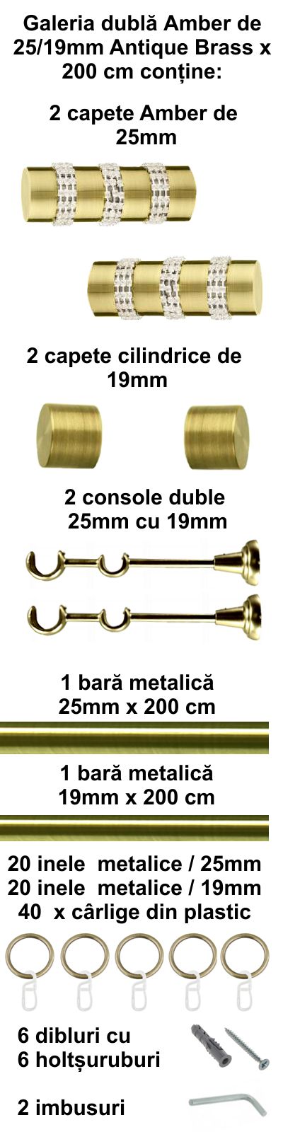 Galerie metalica Amber dubla 25 mm, antique brass (auriu antic) - imagine 4