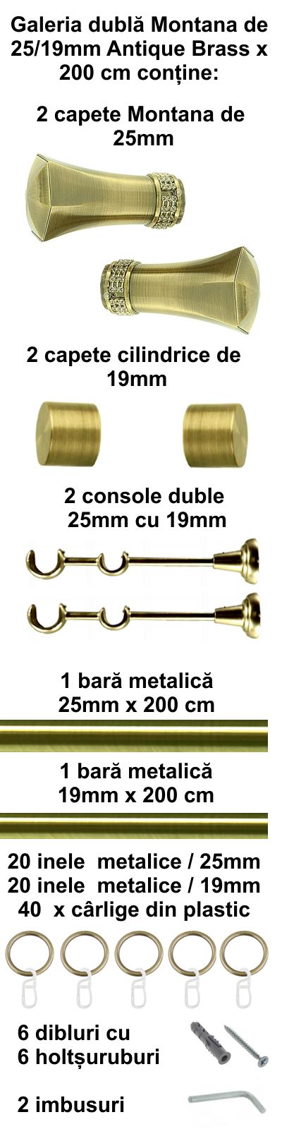 Galerie metalica Montana dubla 25 mm, antique brass (auriu antic) - imagine 4