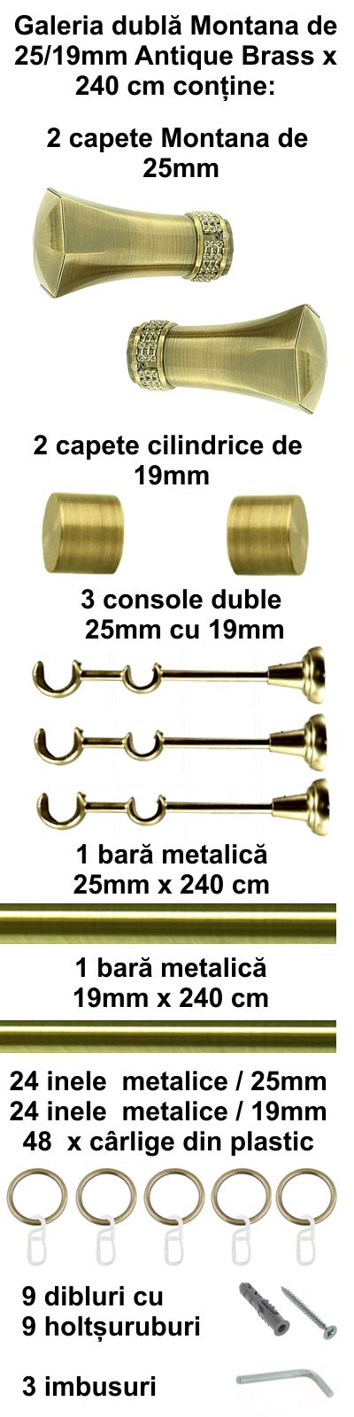 Galerie metalica Montana dubla 25 mm, antique brass (auriu antic) - imagine 5
