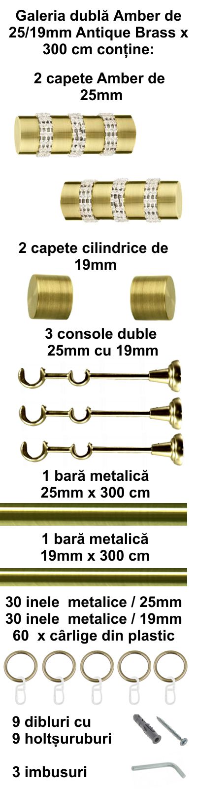 Galerie metalica Amber dubla 25 mm, antique brass (auriu antic) - imagine 5