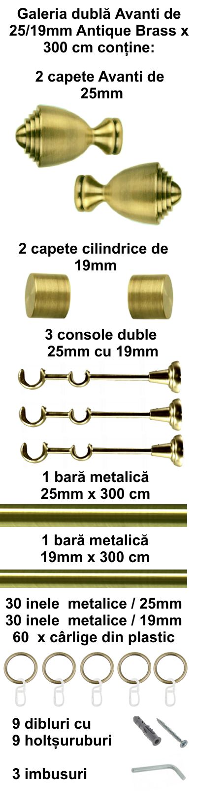 Galerie metalica Avanti dubla 25 mm, antique brass (auriu antic) - imagine 4