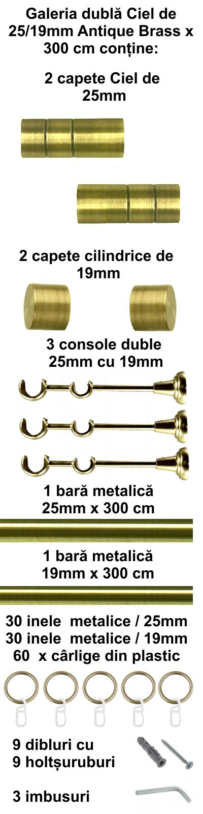 Galerie metalica Ciel dubla 25 mm, antique brass (auriu antic) - imagine 4