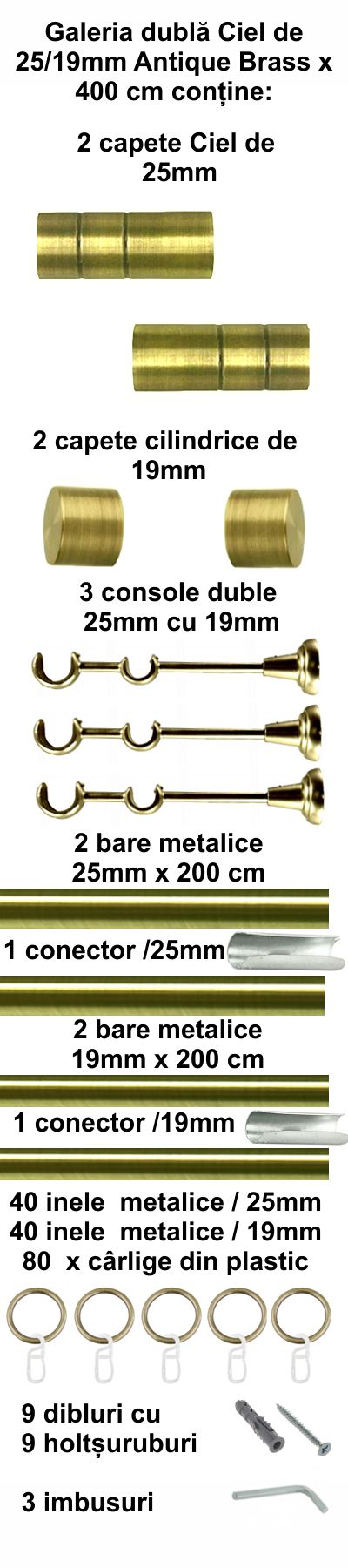Galerie metalica Ciel dubla 25 mm, antique brass (auriu antic) - imagine 5