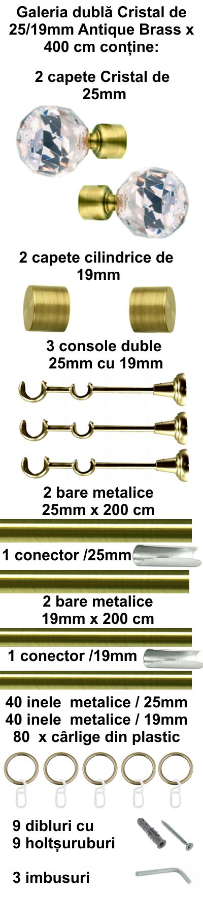 Galerie metalica Cristal dubla 25 mm, antique brass (auriu antic) - imagine 8