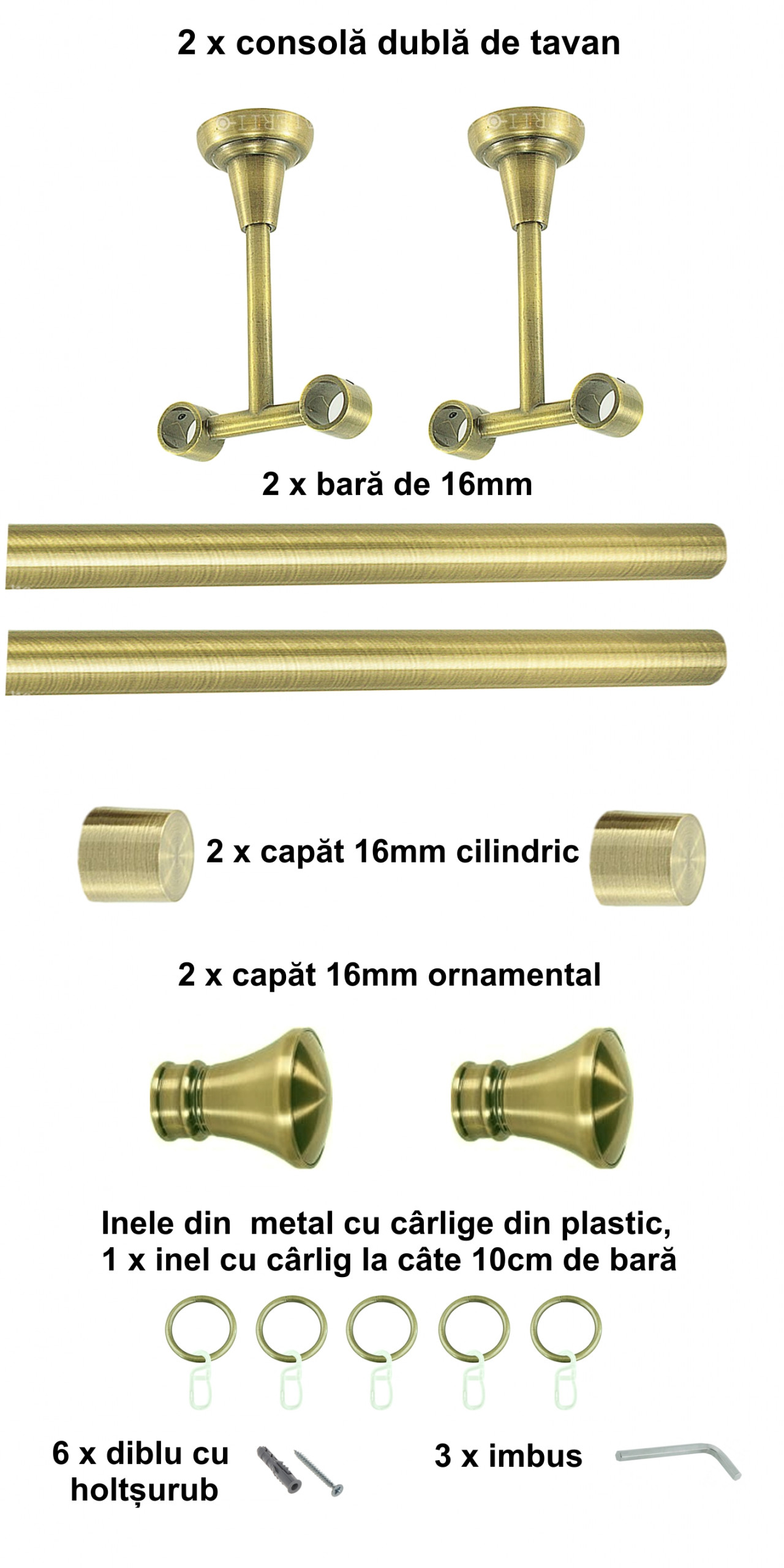 Galerie metalica Conic dubla de tavan 16 mm, antique brass (auriu antic) - imagine 2
