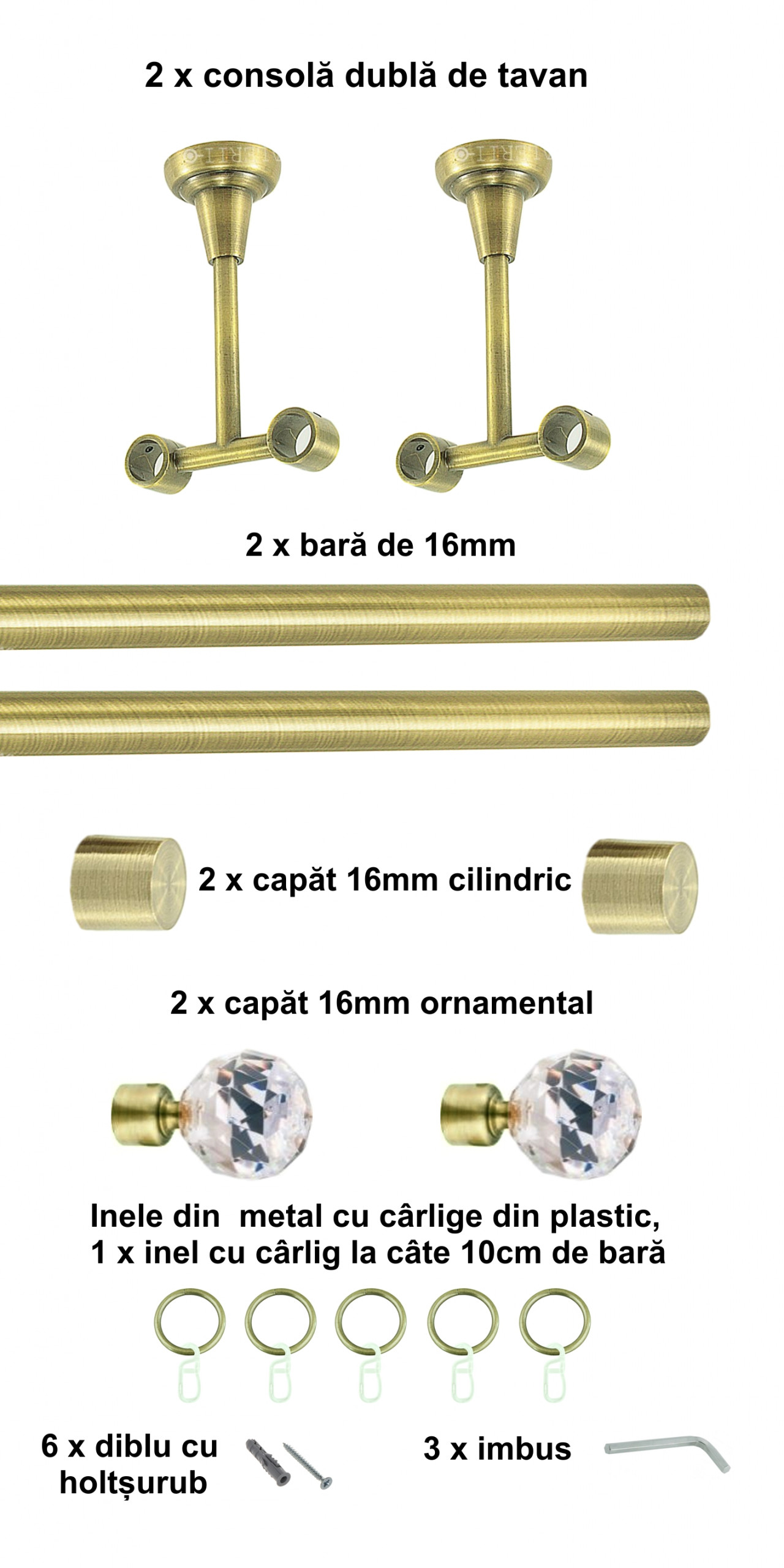Galerie metalica Cristal dubla de tavan 16 mm, antique brass (auriu antic) - imagine 2