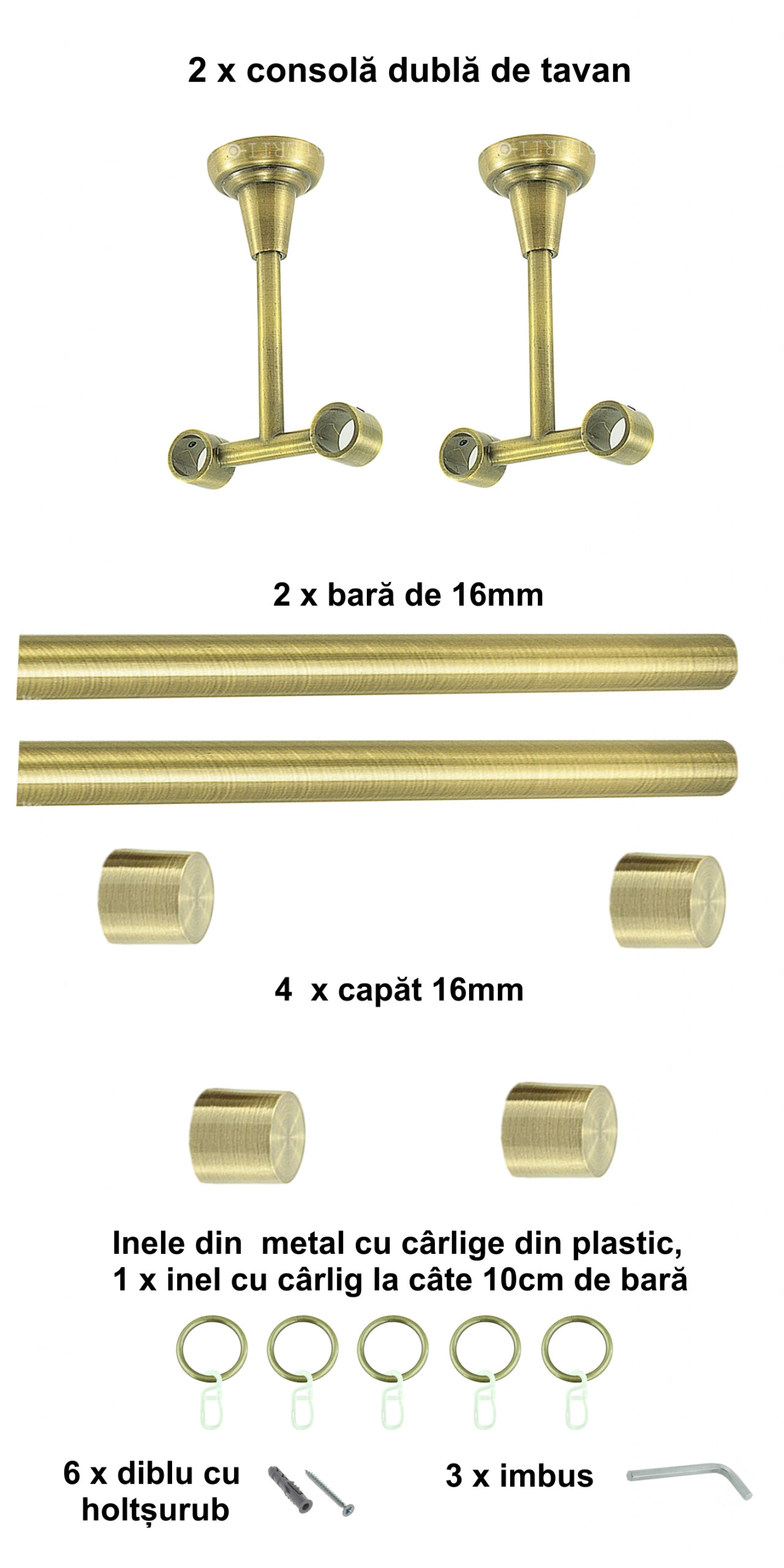 Galerie metalica Luna dubla de tavan 16 mm, antique brass (auriu antic) - imagine 2