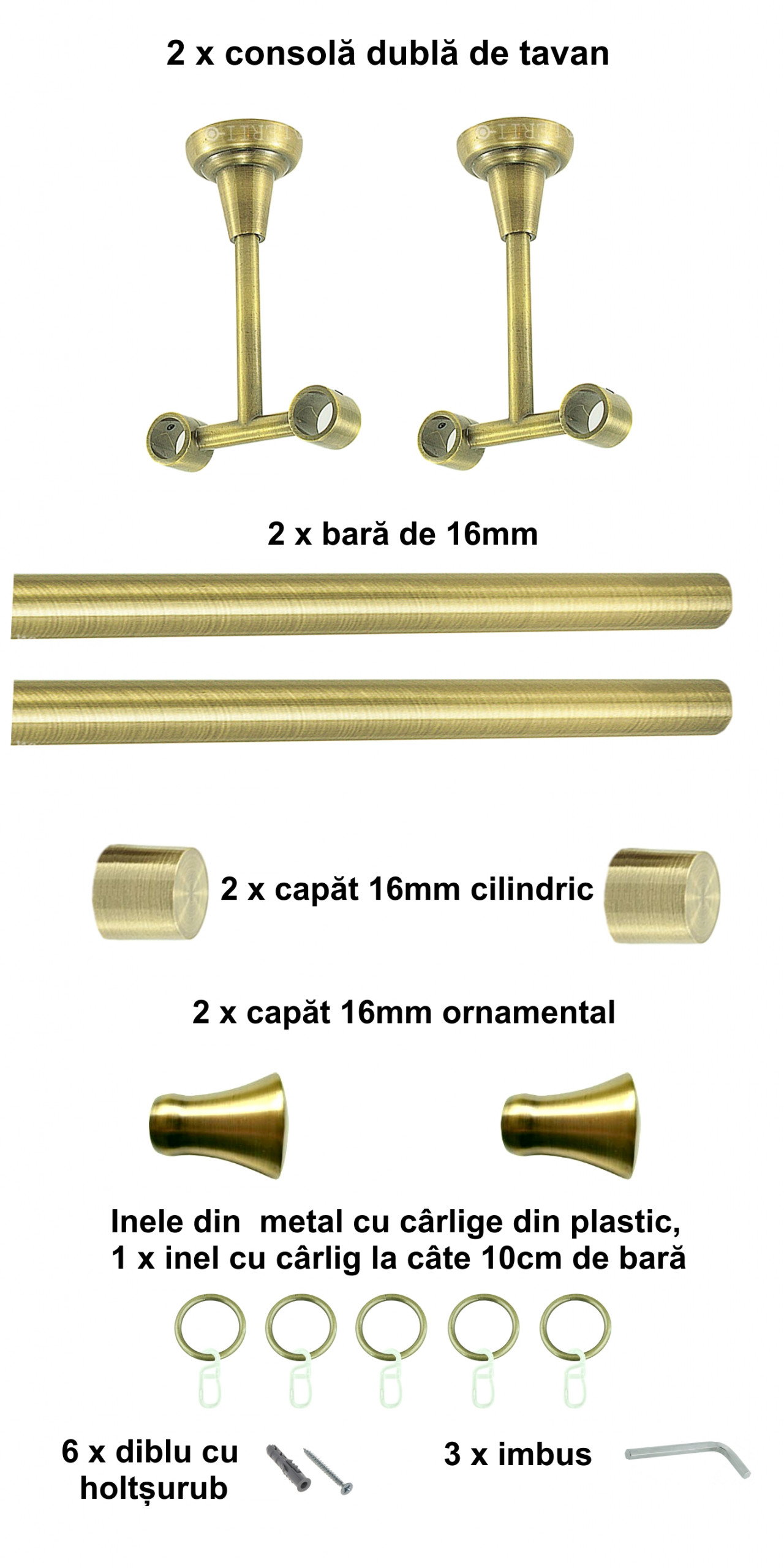 Galerie metalica Monaco dubla de tavan 16 mm, antique brass (auriu antic) - imagine 2
