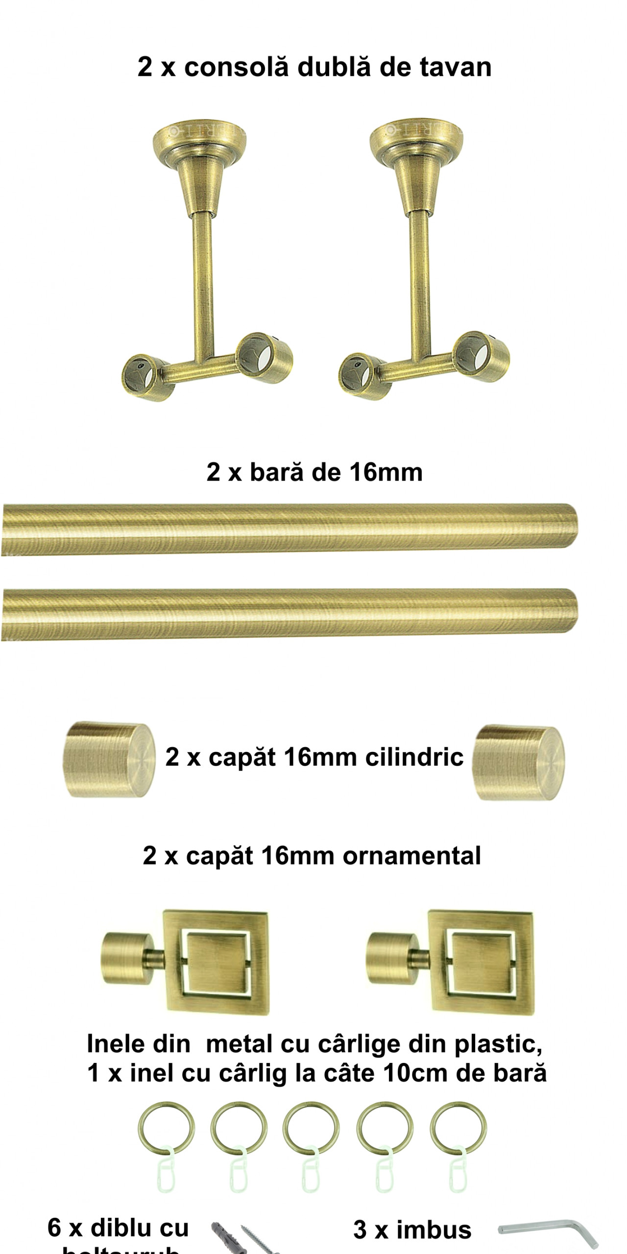 Galerie metalica Saturn dubla de tavan 16 mm, antique brass (auriu antic) - imagine 2