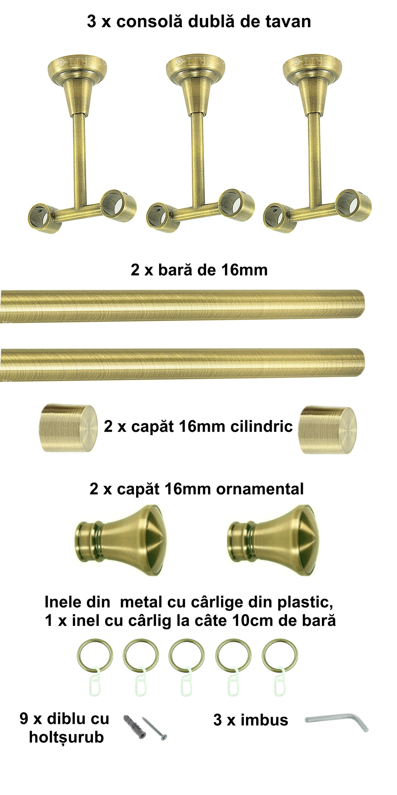 Galerie metalica Conic dubla de tavan 16 mm, antique brass (auriu antic) - imagine 5