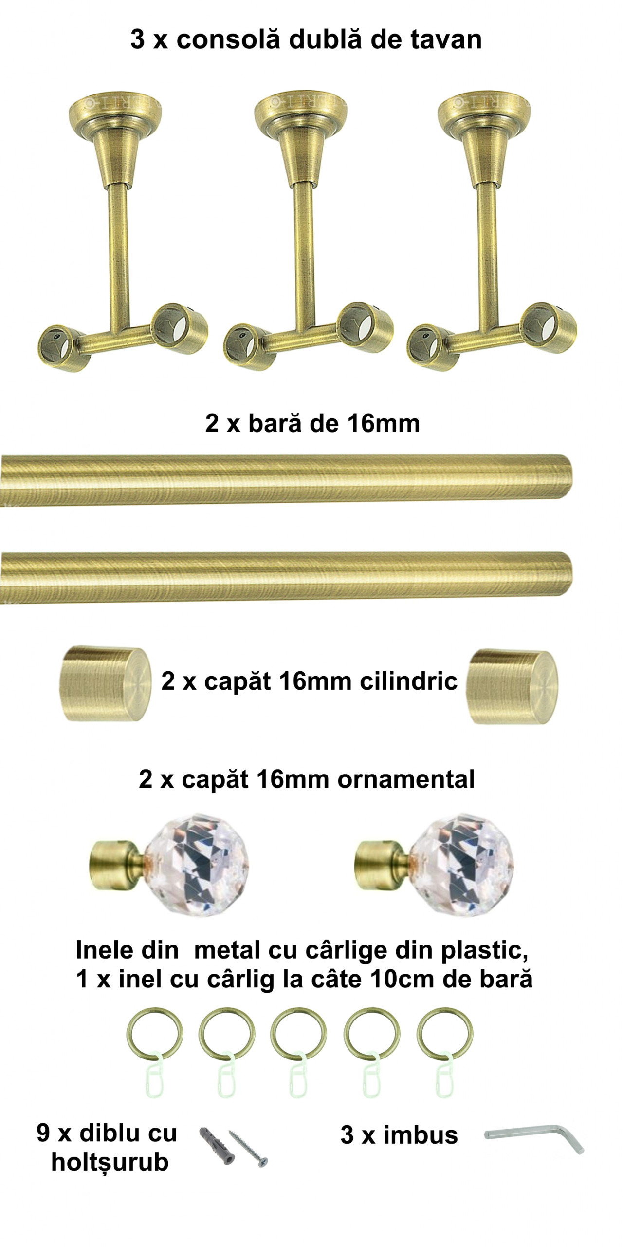 Galerie metalica Cristal dubla de tavan 16 mm, antique brass (auriu antic) - imagine 5