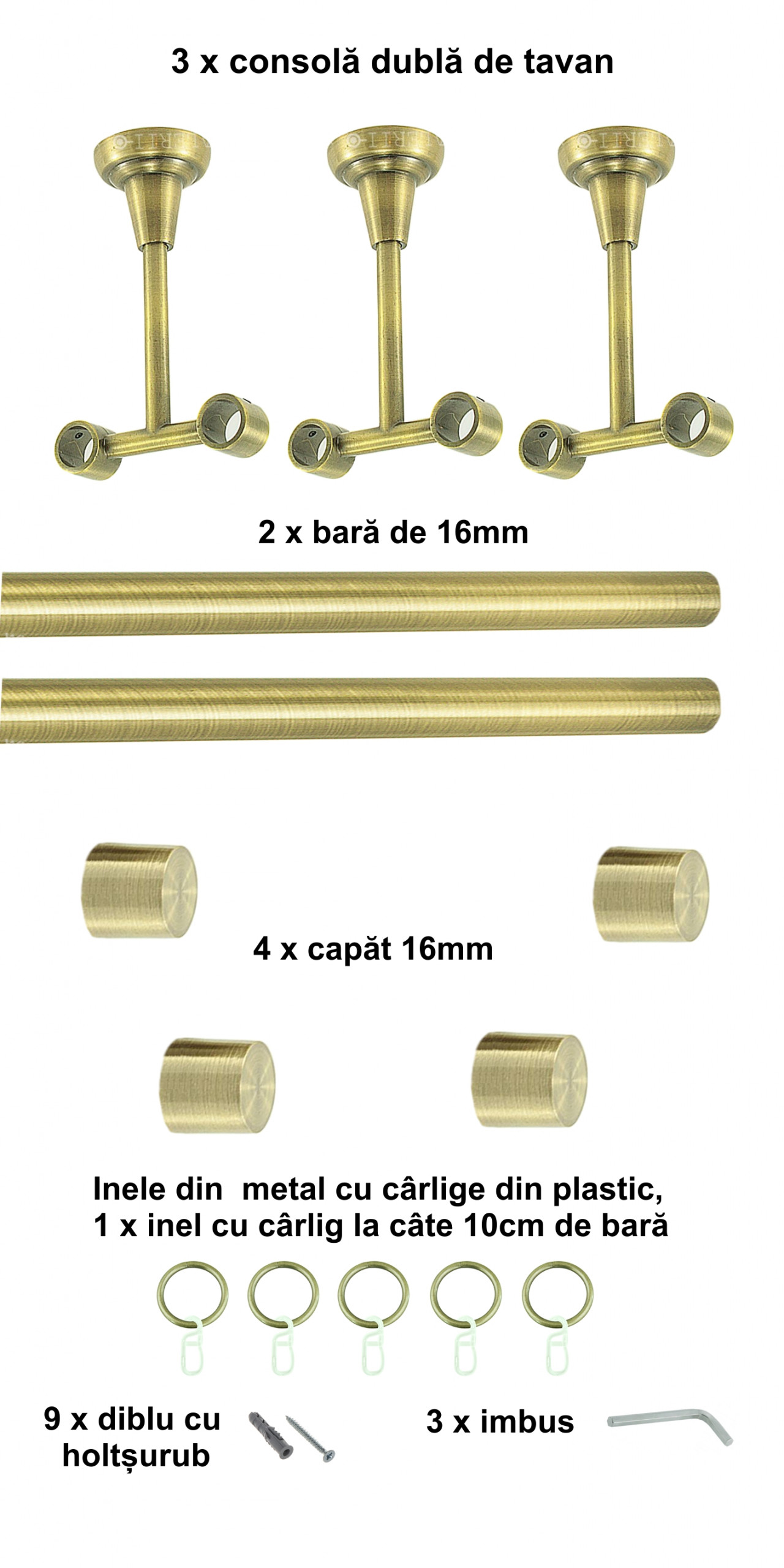 Galerie metalica Luna dubla de tavan 16 mm, antique brass (auriu antic) - imagine 5