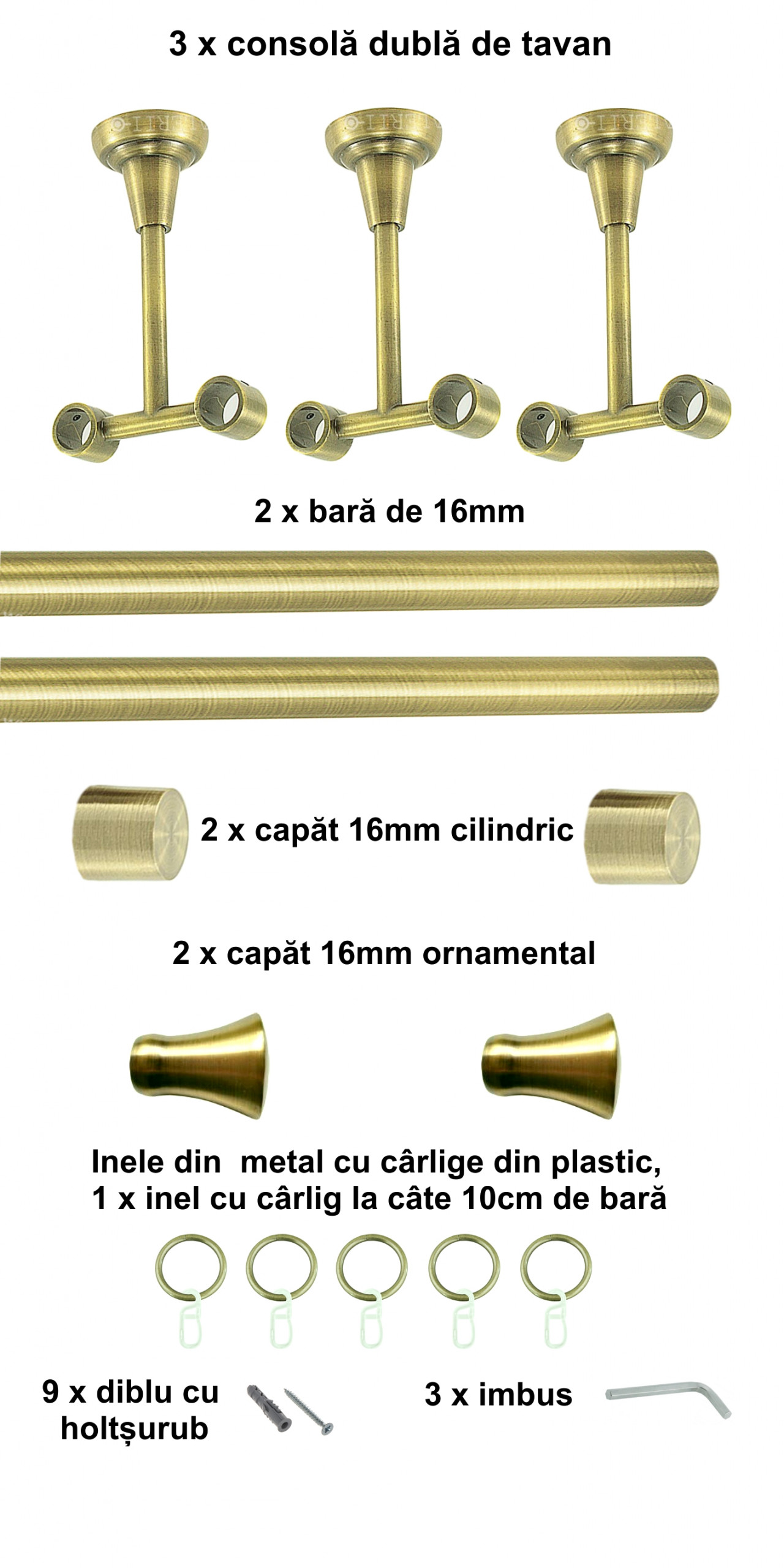 Galerie metalica Monaco dubla de tavan 16 mm, antique brass (auriu antic) - imagine 5