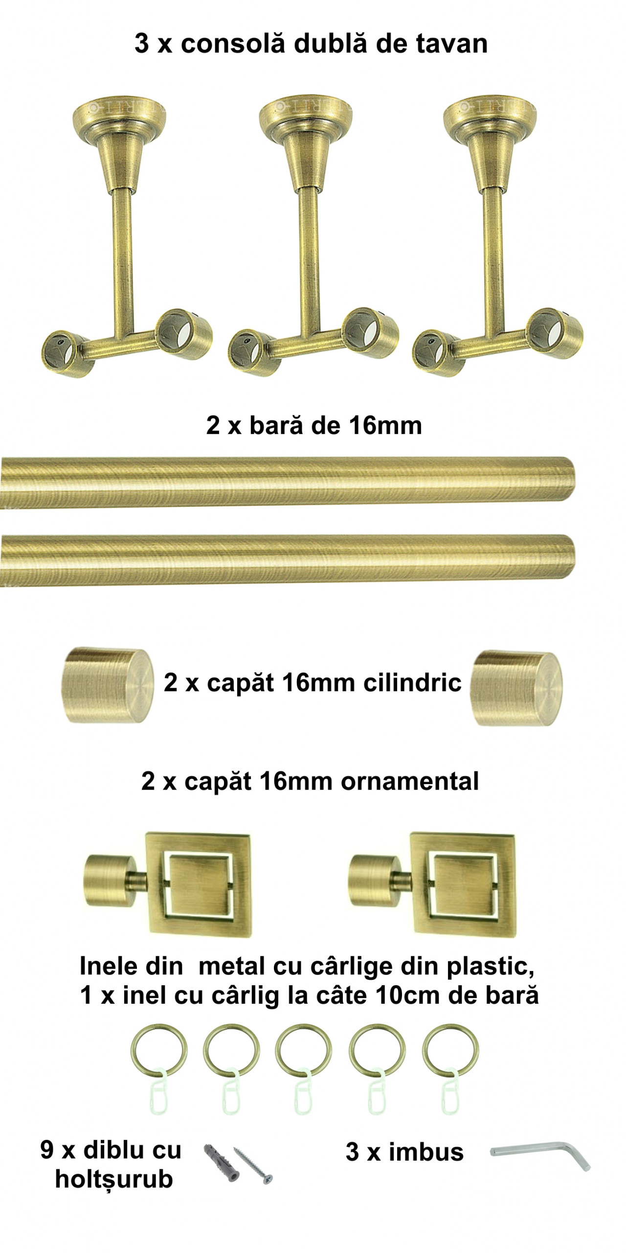 Galerie metalica Saturn dubla de tavan 16 mm, antique brass (auriu antic) - imagine 5