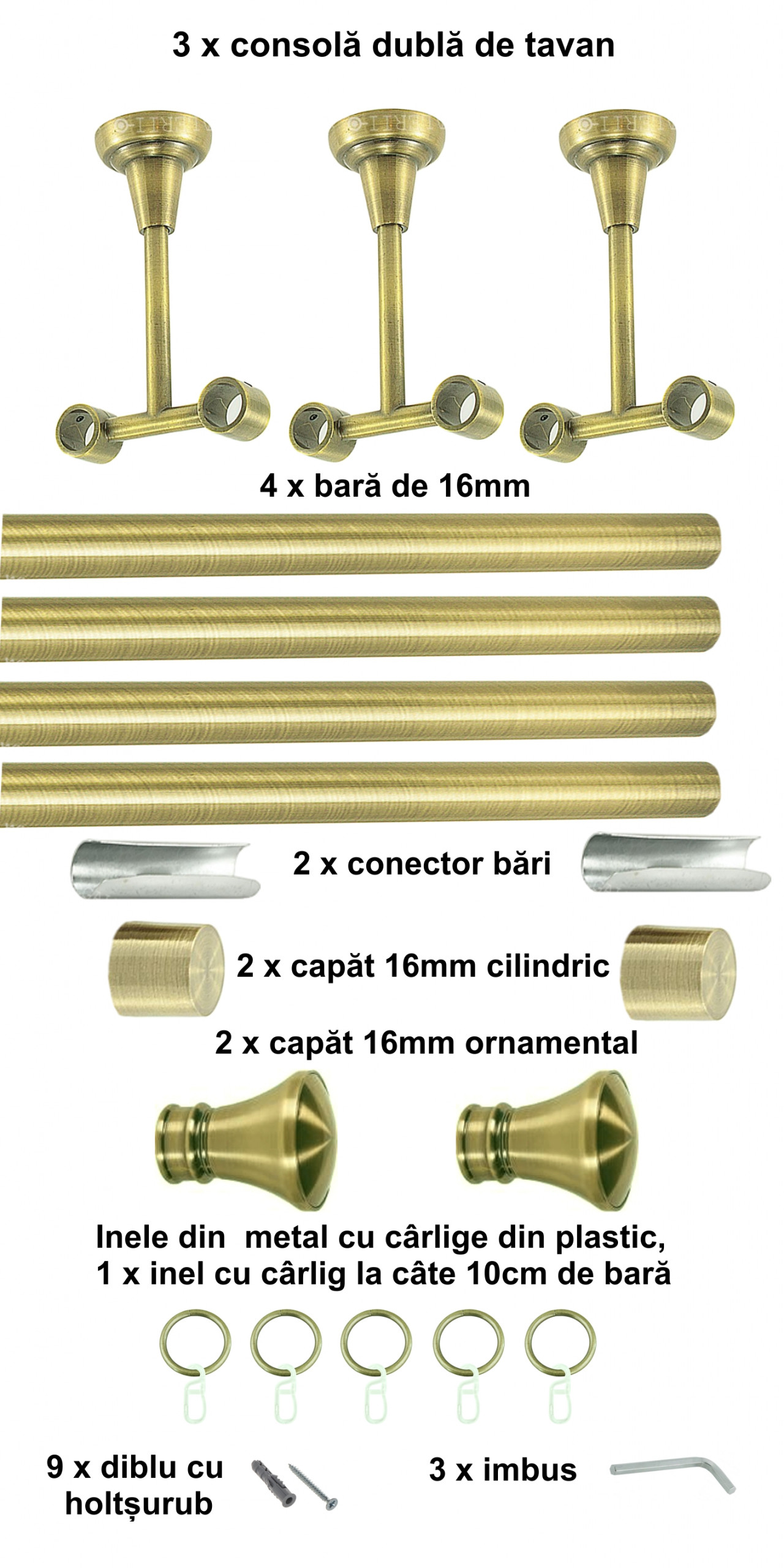 Galerie metalica Conic dubla de tavan 16 mm, antique brass (auriu antic) - imagine 6