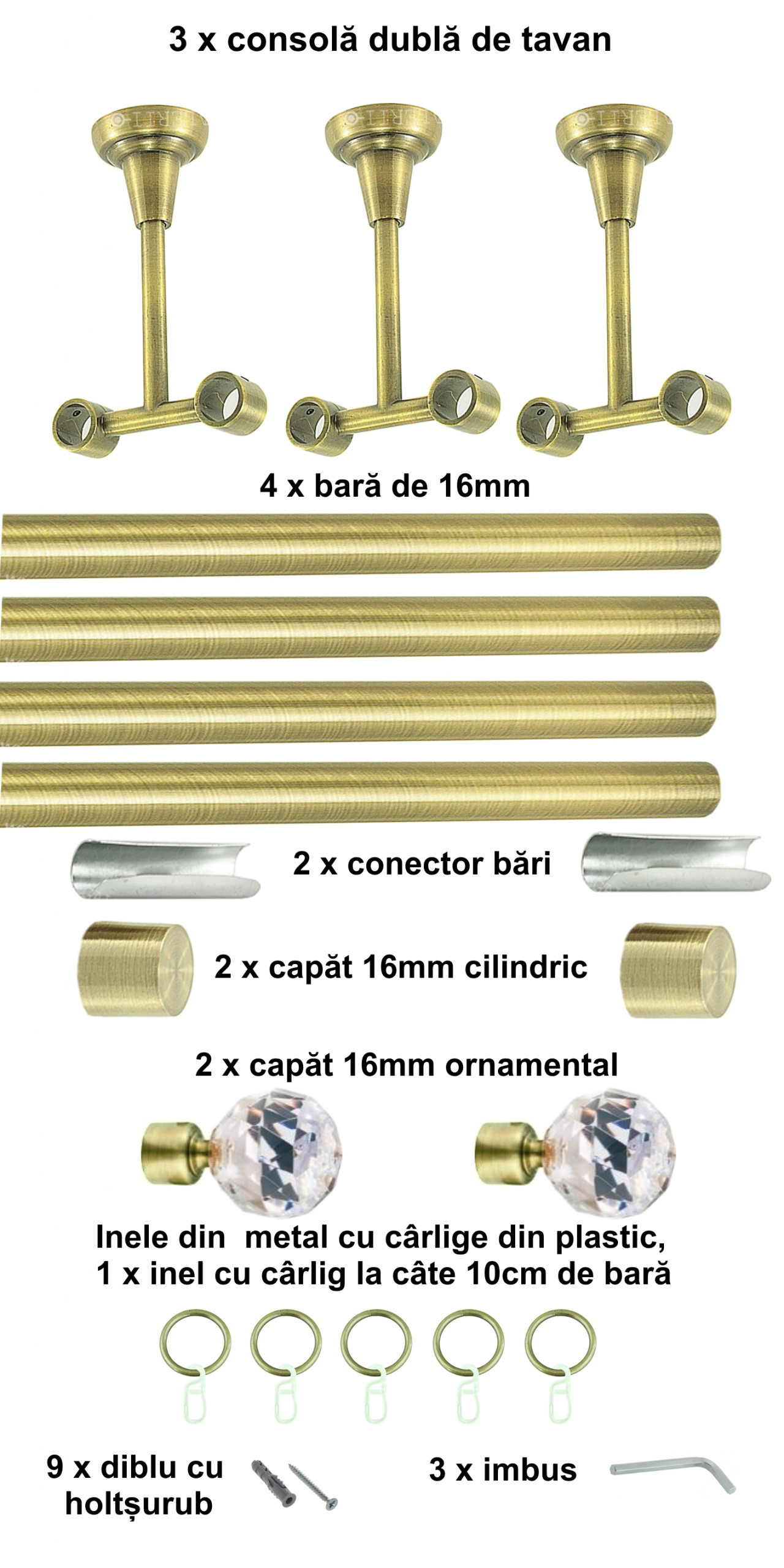 Galerie metalica Cristal dubla de tavan 16 mm, antique brass (auriu antic) - imagine 6
