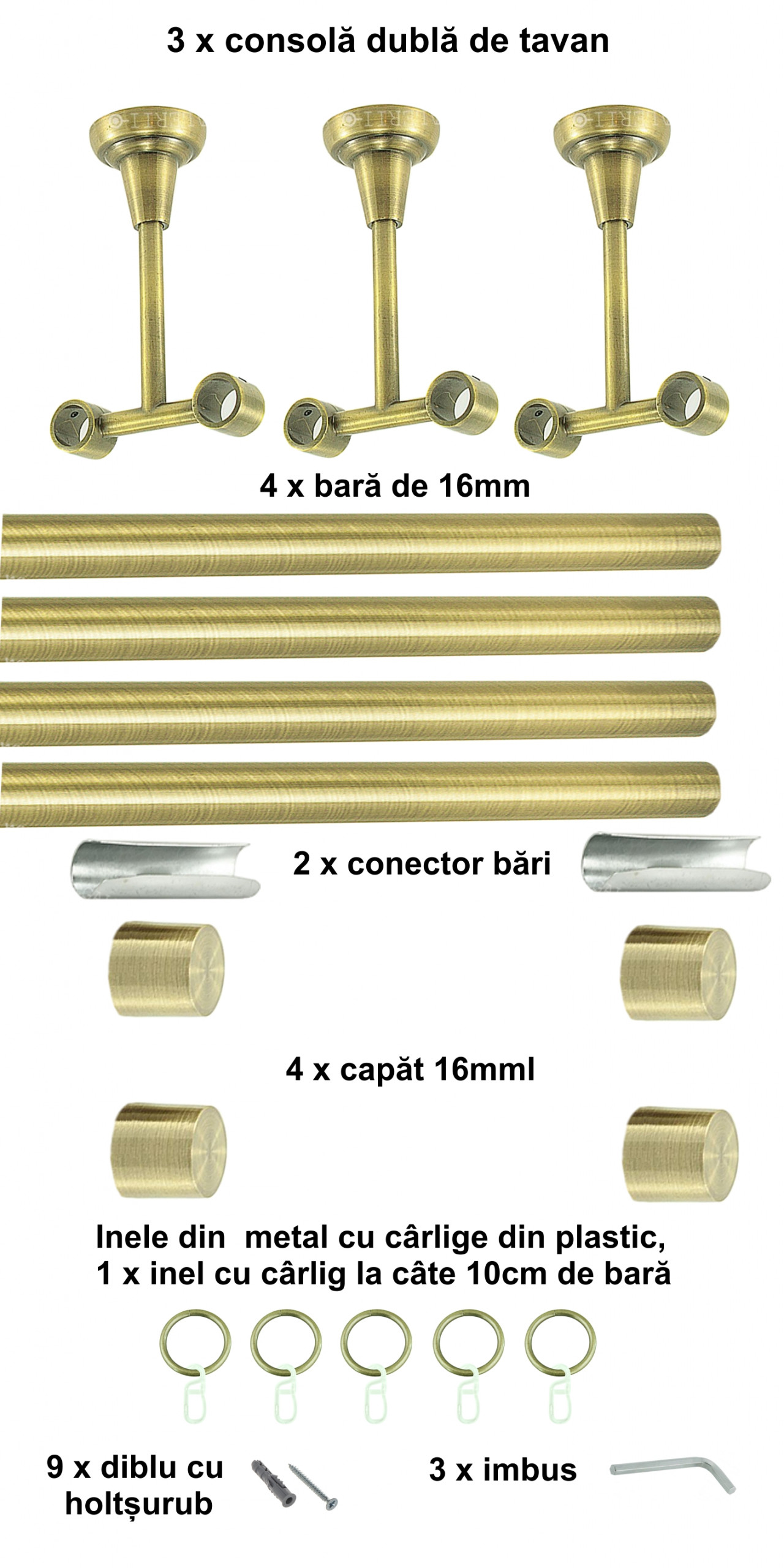 Galerie metalica Luna dubla de tavan 16 mm, antique brass (auriu antic) - imagine 6