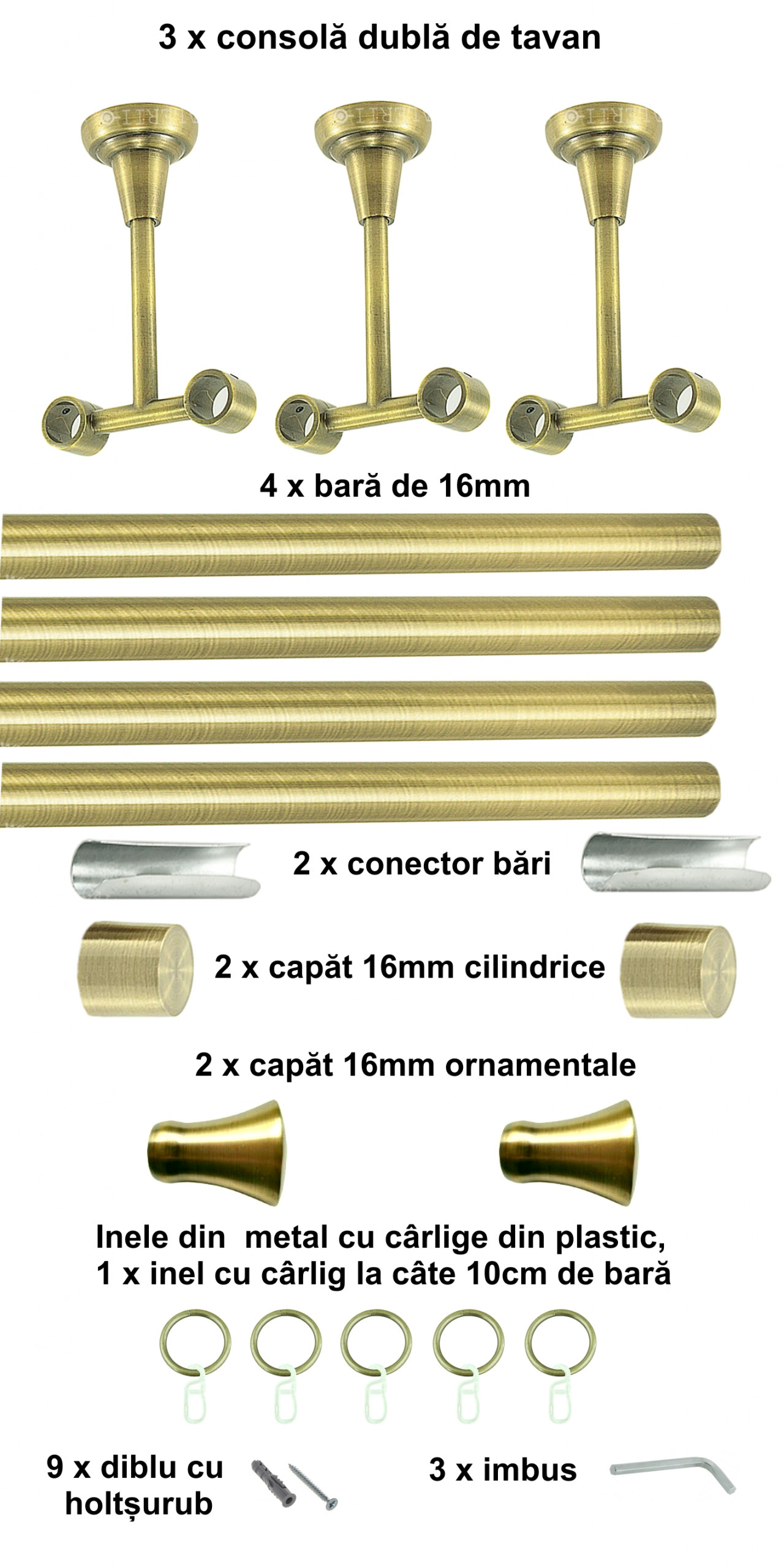 Galerie metalica Monaco dubla de tavan 16 mm, antique brass (auriu antic) - imagine 6