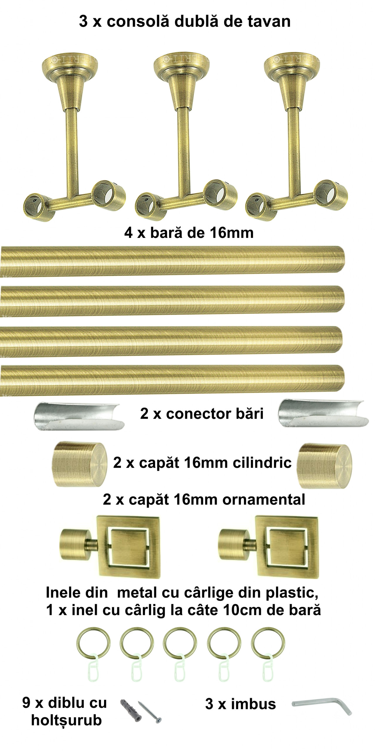 Galerie metalica Saturn dubla de tavan 16 mm, antique brass (auriu antic) - imagine 6